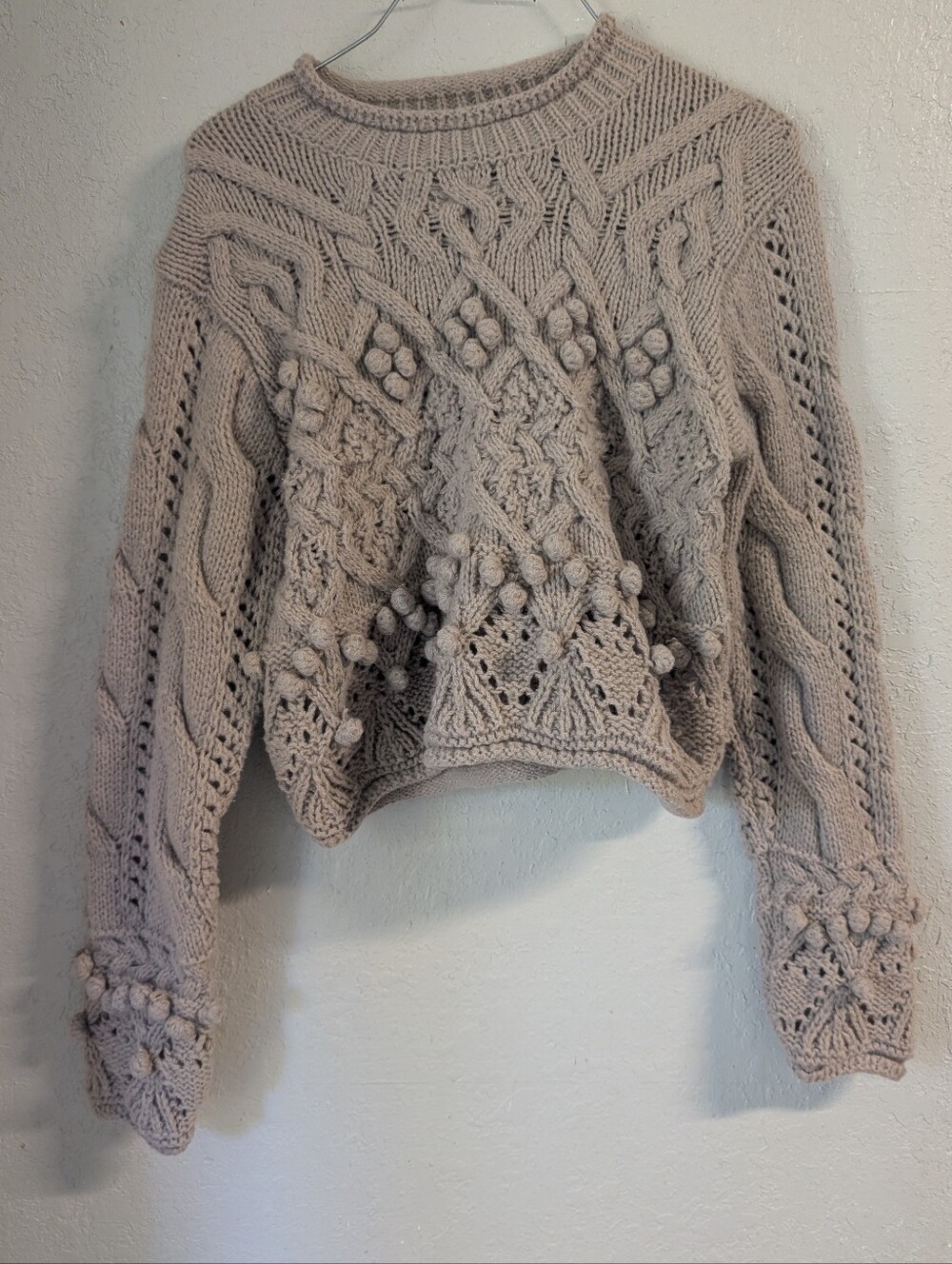 Chunky Knit Bobble Sweater M Cream Tan Fisherman Lagenlook Capsule Maximalist